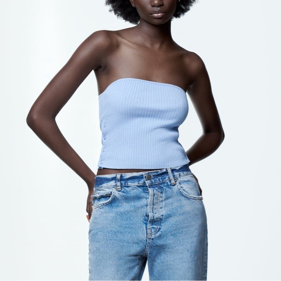 NWOT Zara Buttoned Rib Knit Crop Tube Top in Baby Blue - Picture 2 of 9